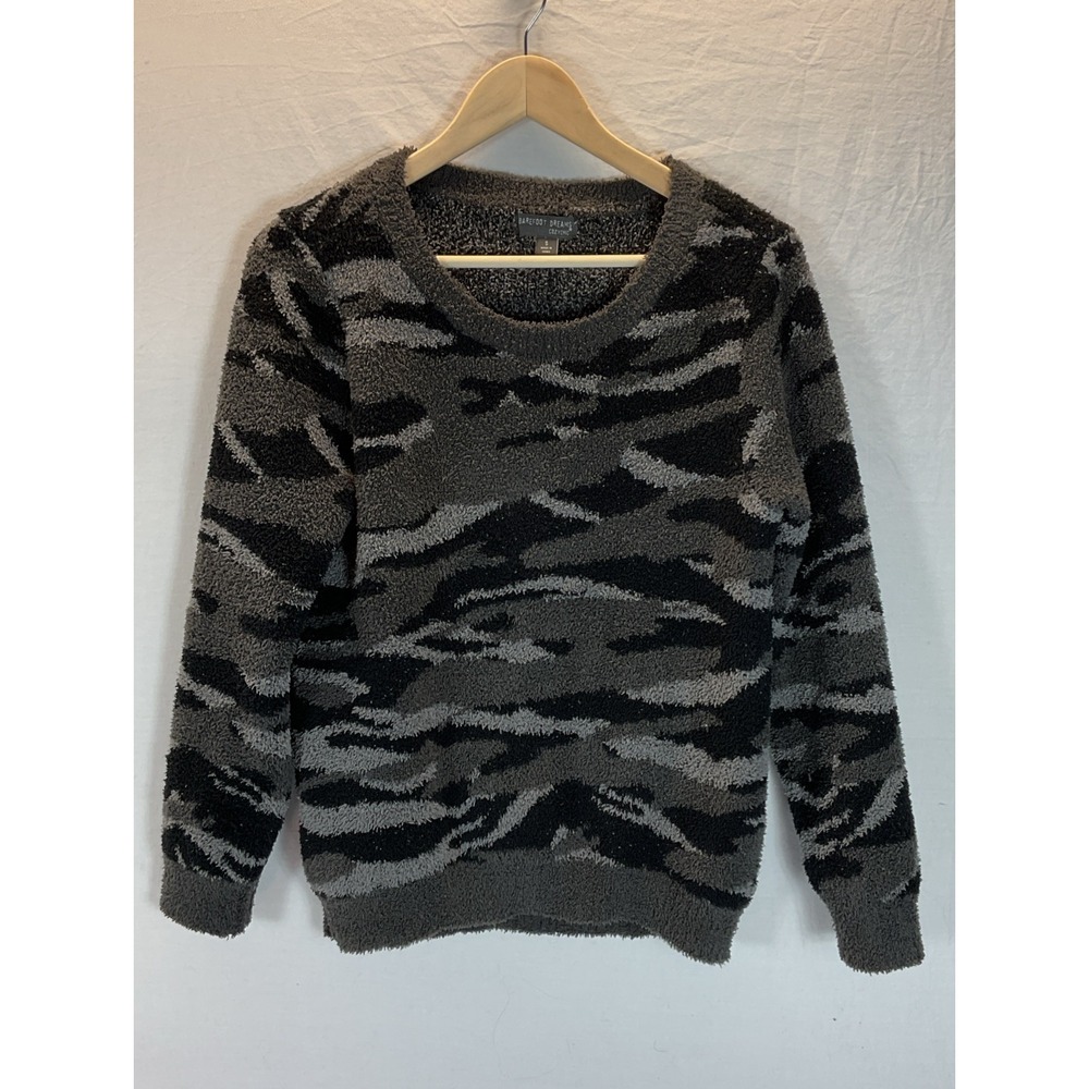 Barefoot Dreams Cozy Chic Seaside Pullover Sweater Black Grey Camo SM